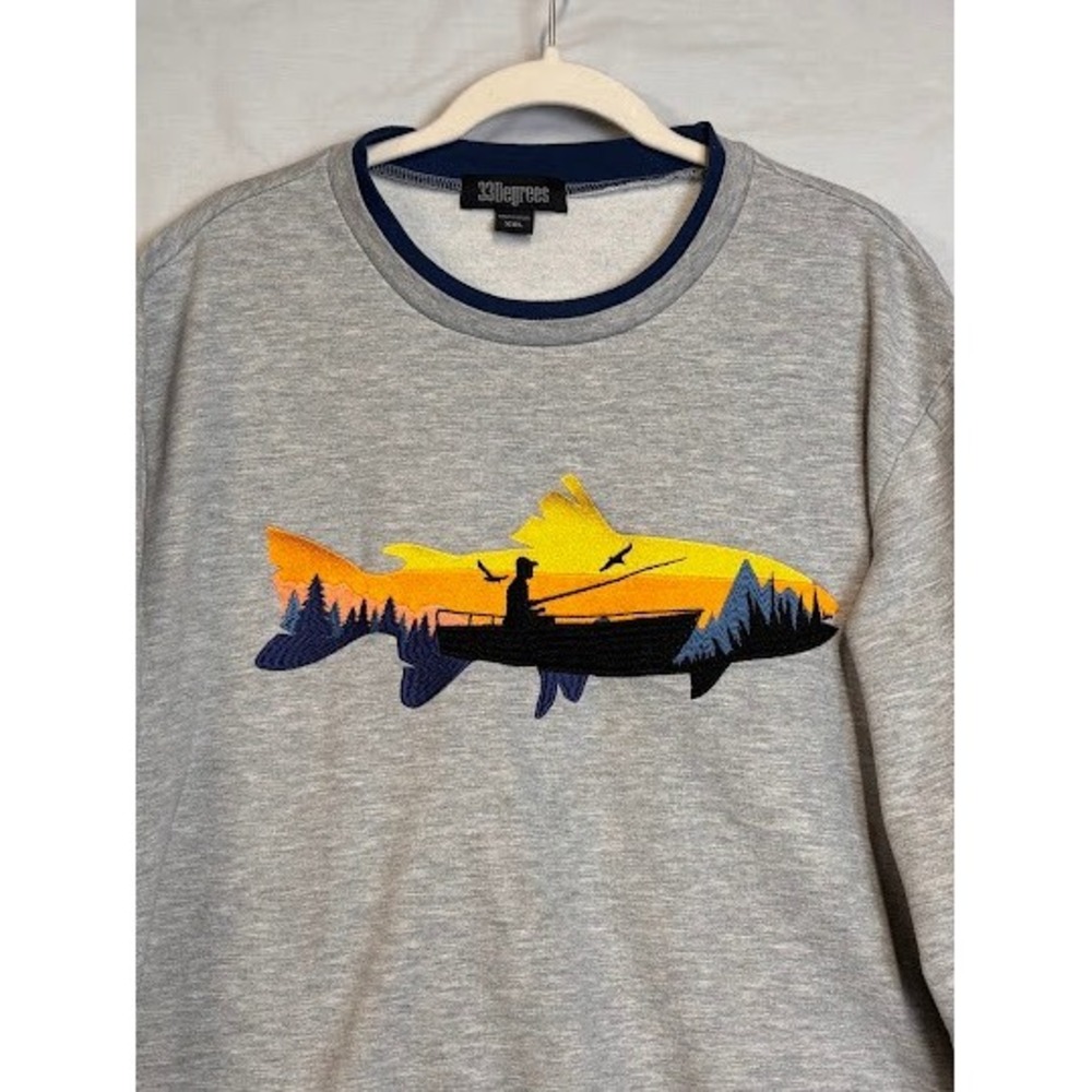 33 Degrees Mens XXL Gray Fishing Graphic Embroidered Crewneck Sweatshirt Sunset